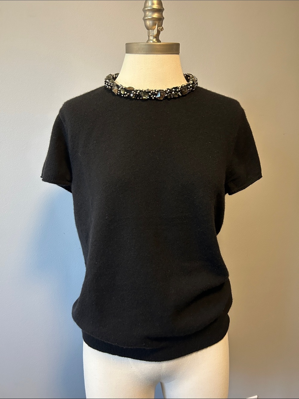 Magaschoni Cashmere Beaded Neck Short Sleeve Sweater